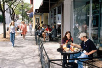 Patrons eating at outdoor cafes in Martinsville